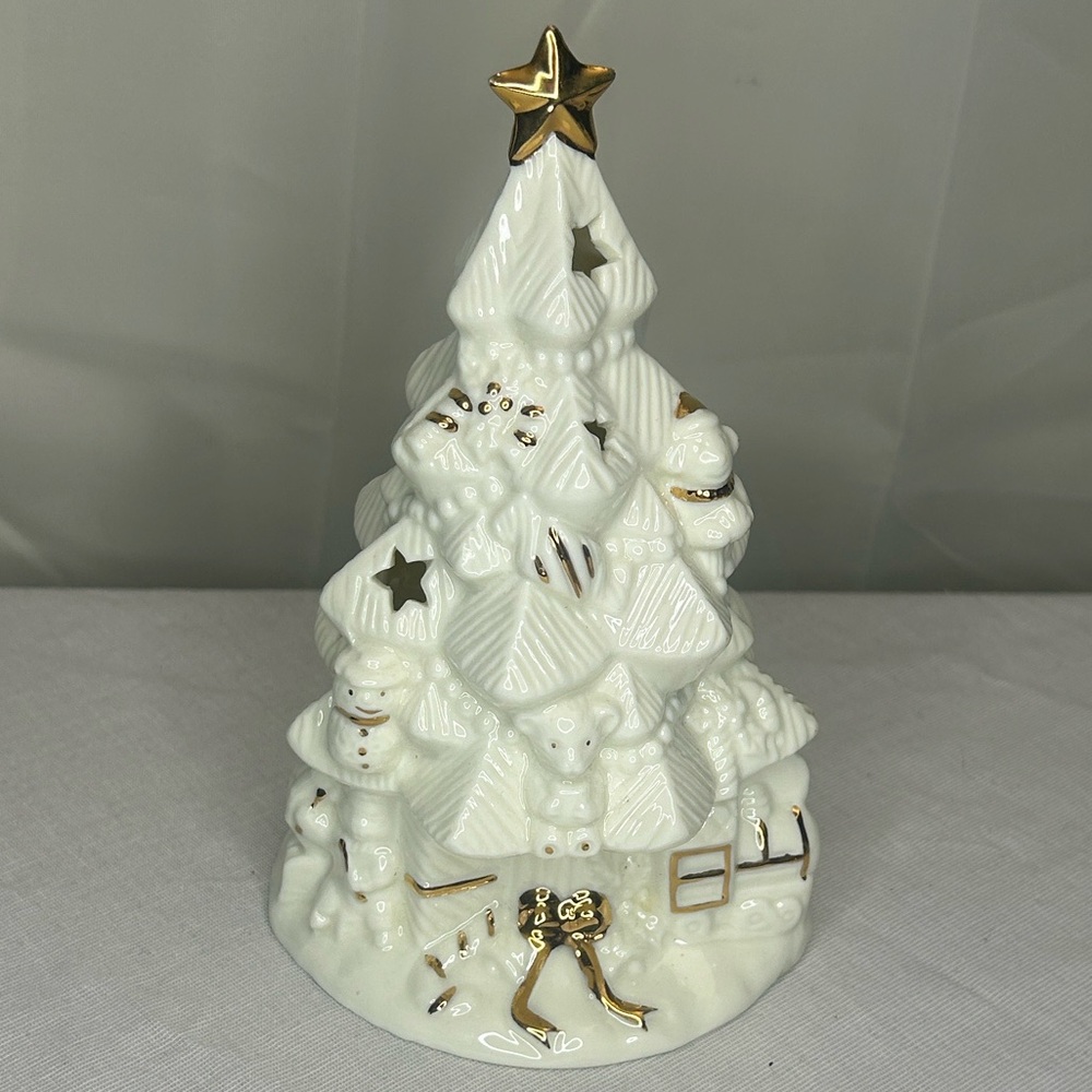 Vintage‎ Porcelain Christmas Tree Tealight Luminary w/ Gold Accents